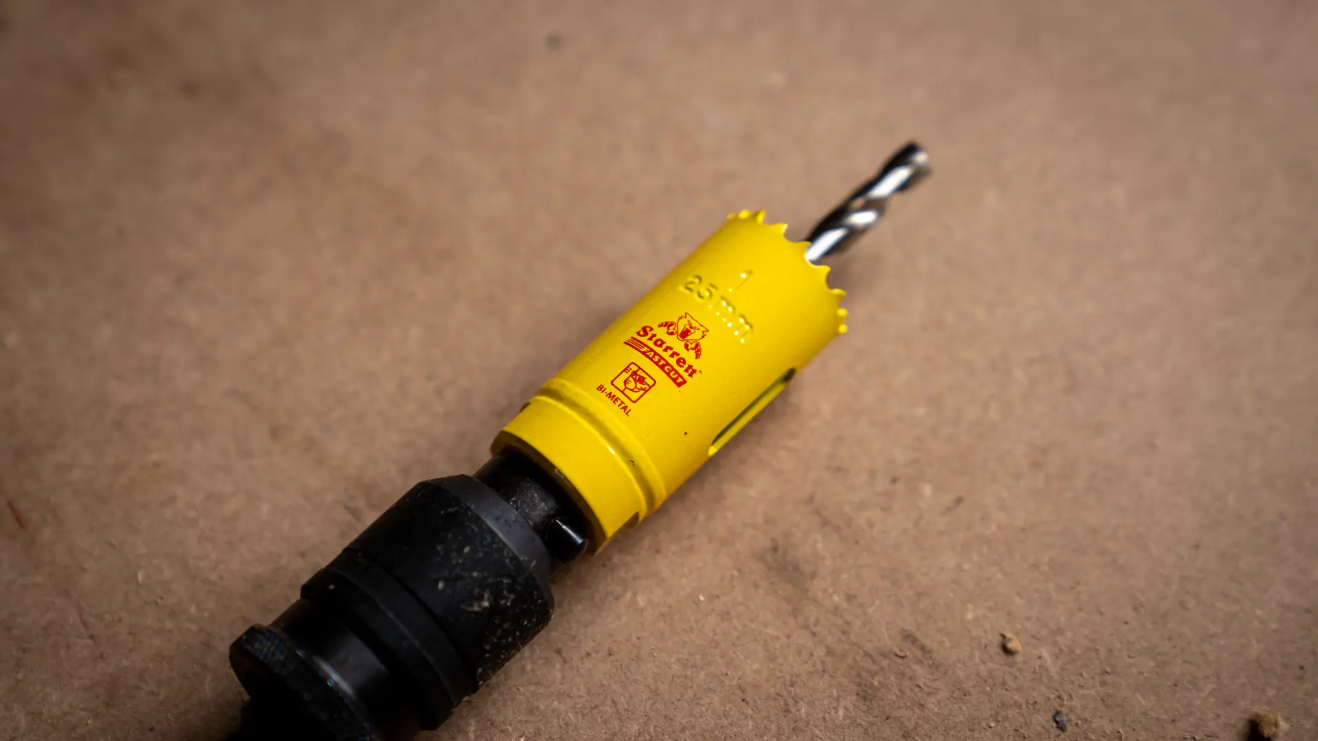 Starrett Fast Cut bi-metal holesaw fitted to a drill